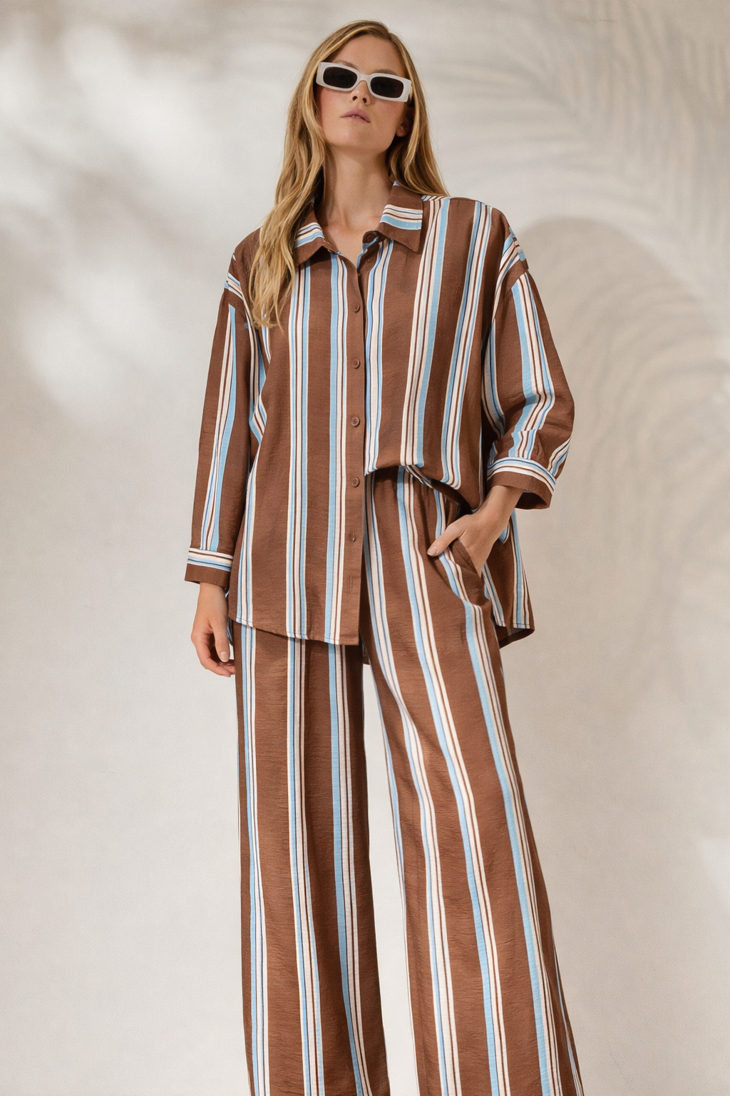 'DIMITRA' ΡΙΓΕ OVERSIZED ΠΟΥΚΑΜΙΣΟ (CHOCOLATE/CIEL) MAMOUSH