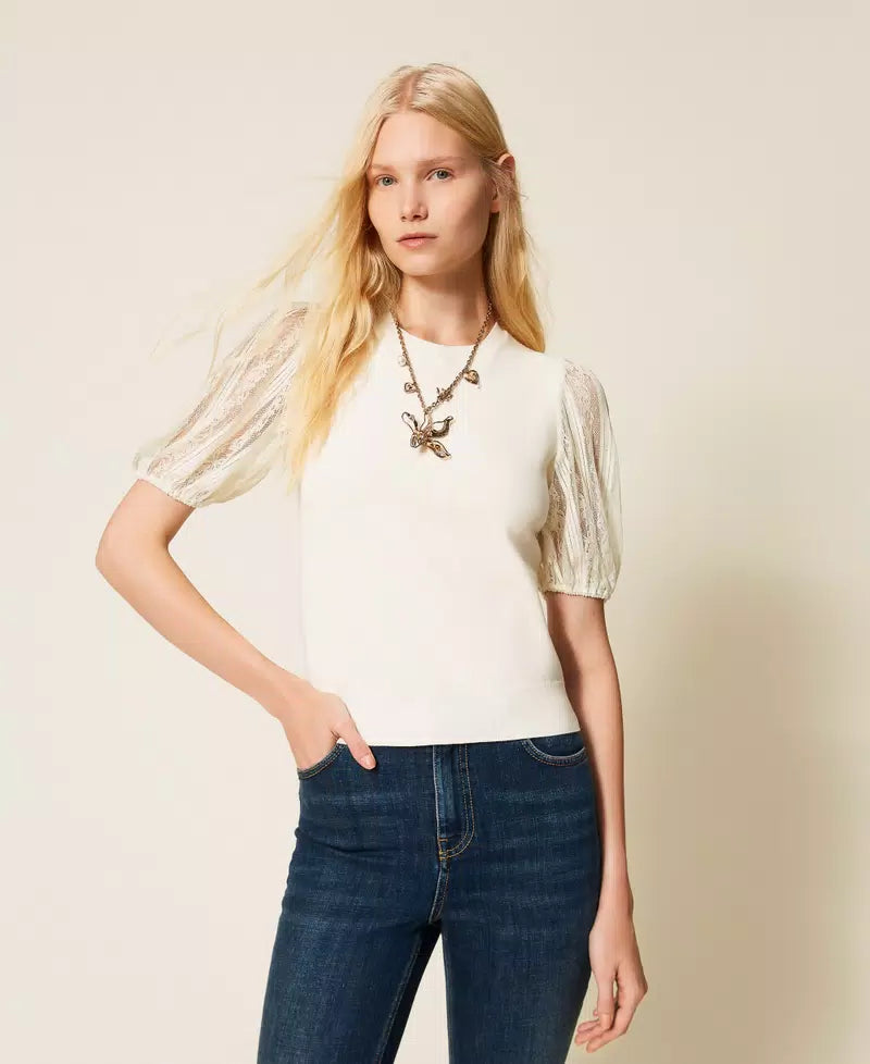 ΜΠΛΟΥΖΑ ΜΕ ΚΟΝΤΟ ΜΑΝΙΚΙΚΑΙ ΔΑΝΤΕΛΑ TWINSET