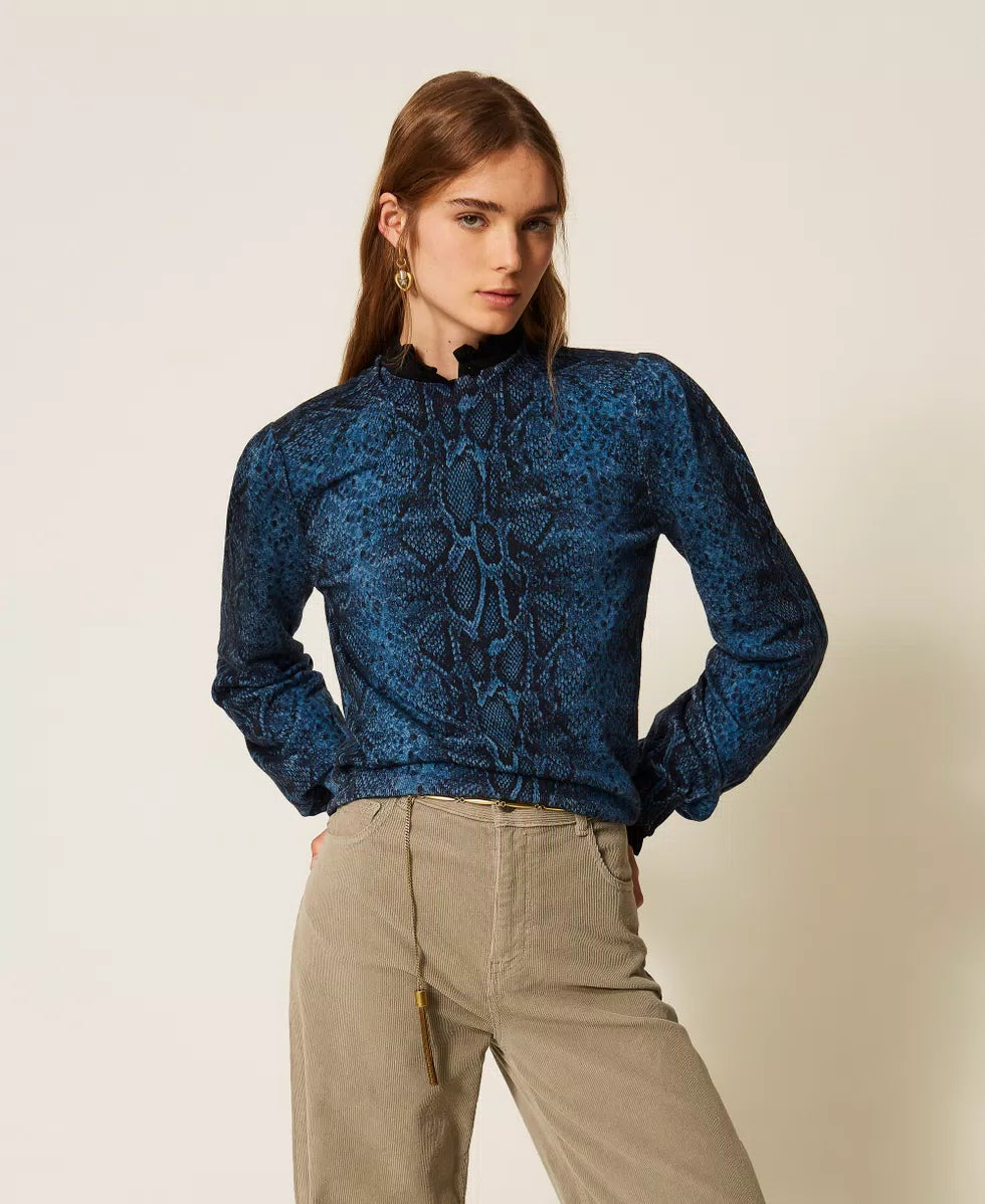 ΜΑΛΛΙΝΗ ΜΠΛΟΥΖΑ ΜΕ ΤΥΠΩΜΑ PYTHON (BLUE) TWINSET