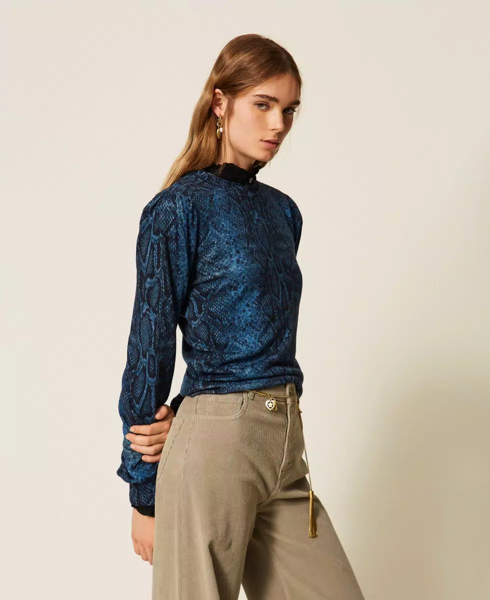 ΜΑΛΛΙΝΗ ΜΠΛΟΥΖΑ ΜΕ ΤΥΠΩΜΑ PYTHON (BLUE) TWINSET