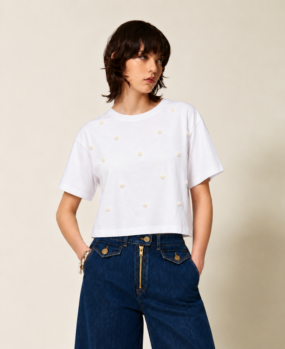 T-SHIRT ΜΕ ΠΕΡΛΕΣ (WHITE) TWINSET