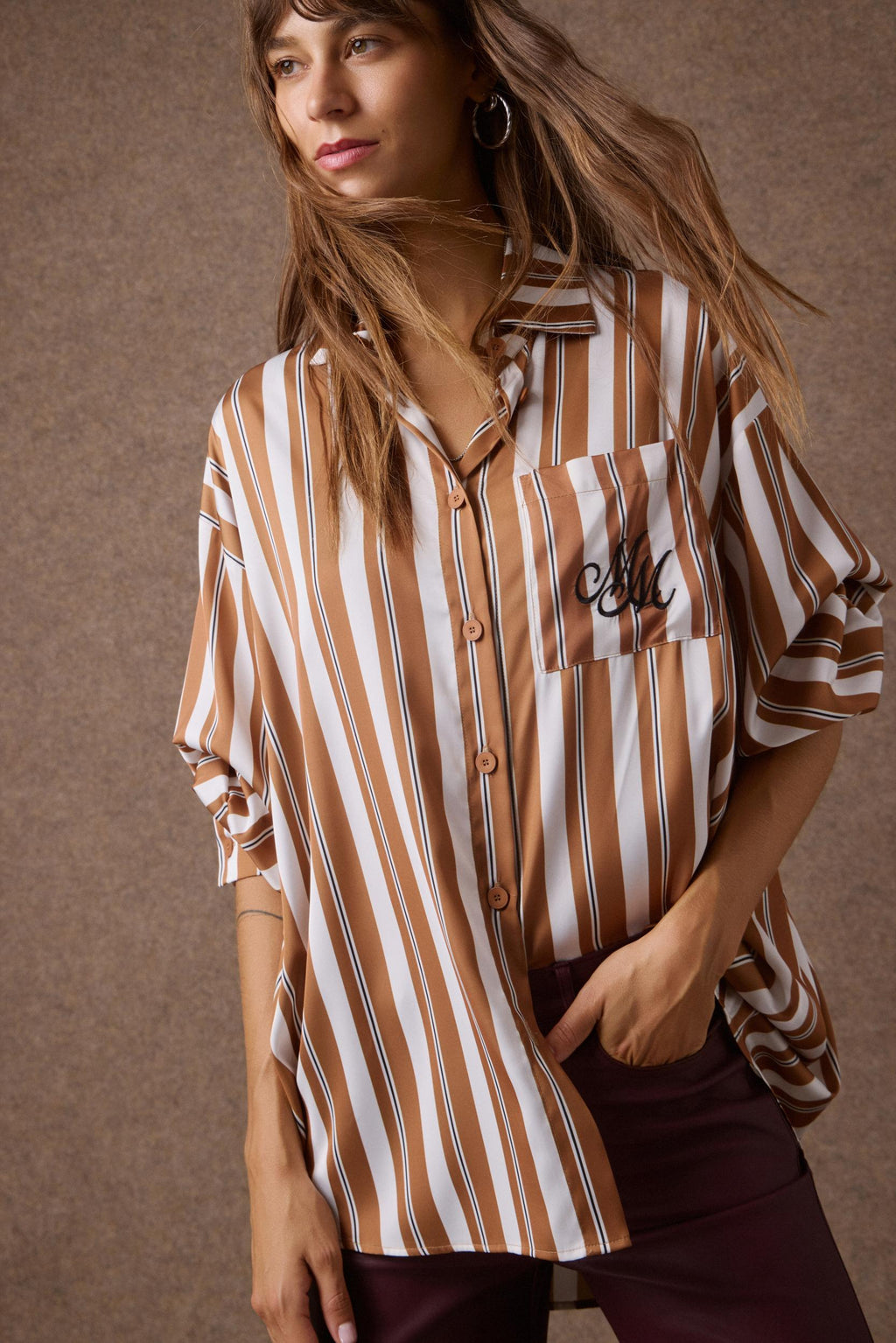 'MARCIA' OVERSIZED ΡΙΓΕ ΠΟΥΚΑΜΙΣΟ (BROWN STRIPED) MAMOUSH
