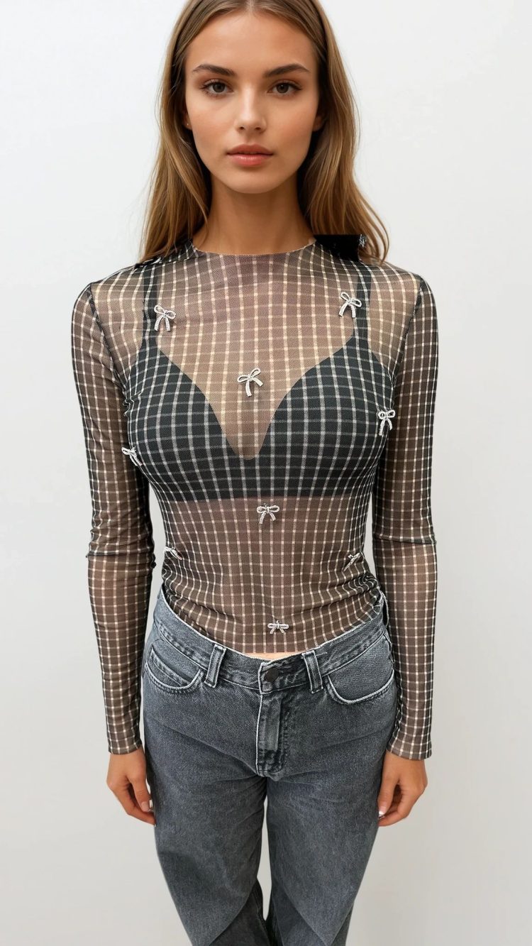 ΤΟΥΛΙΝΟ ΚΑΡΟ TOP ΜΕ ΣΤΡΑΣ ΦΙΟΓΚΑΚΙΑ (BLACK VICHY) MILKWHITE