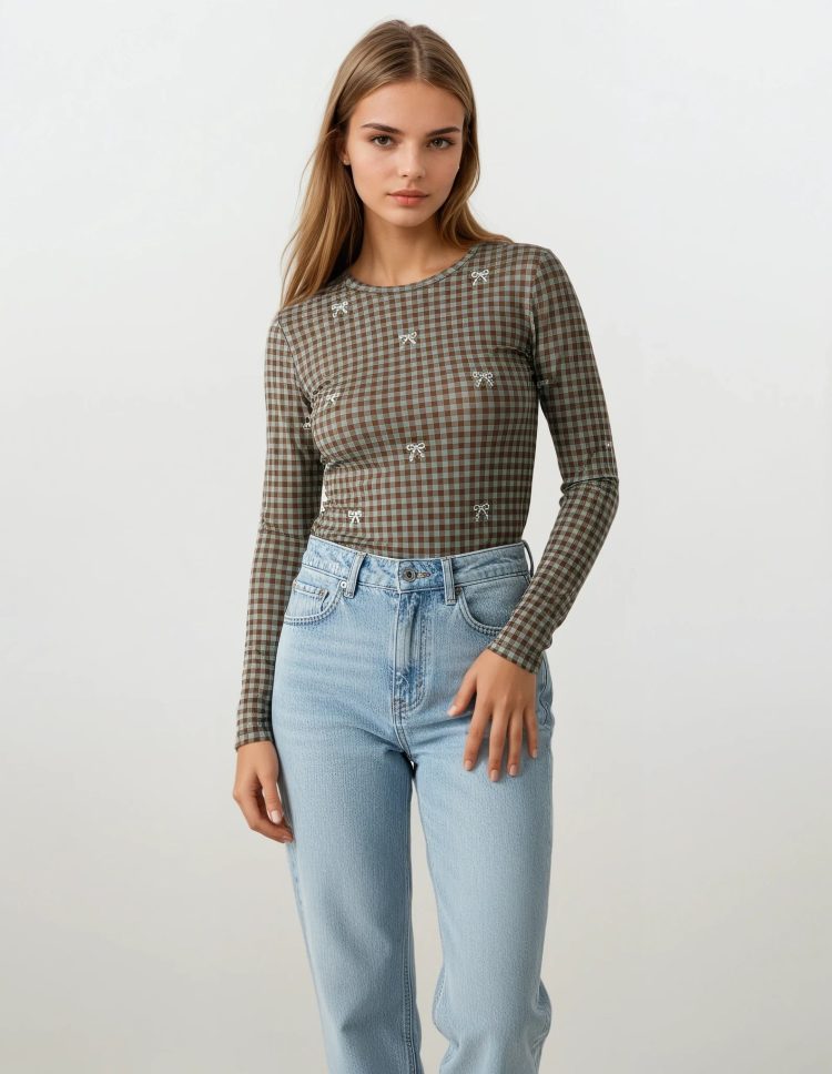 ΤΟΥΛΙΝΟ ΚΑΡΟ TOP ΜΕ ΣΤΡΑΣ ΦΙΟΓΚΑΚΙΑ (MINT BROWN VICHY) MILKWHITE